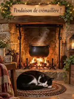 Ancienne cheminée en pierre avec un chaudron noir suspendu au-dessus des flammes, d'où monte de la vapeur. Un chat noir et blanc dort sur un tapis tressé. Texte : « Pendaison de crémaillère ! »