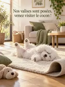 Chiot bichon frisé blanc allongé sur le dos sur un tapis crème encore recourbé dans un salon neuf. Une patte couvre ses yeux et le soleil éclaire le parquet. Texte : « Nos valises sont posées, venez visiter le cocon ! »