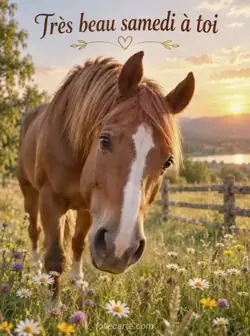 Un cheval brun incline la tête vers le spectateur dans une prairie de hautes herbes et de fleurs. Texte : « Très beau samedi à toi ».