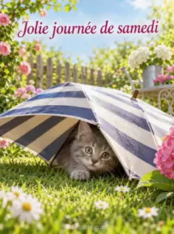 Un chaton gris caché dans un grand parapluie rayé ouvert sur une pelouse laisse dépasser ses yeux et une patte. Jardin d'été ensoleillé. Texte : « Jolie journée de samedi ».