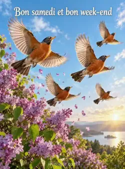 Merles d'Amérique prenant leur envol depuis un lilas ensoleillé, avec des pétales dans l'air et un ciel bleu. Texte : « Bon samedi et bon week-end ».