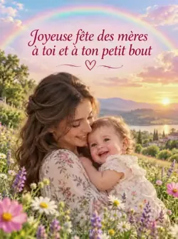 Arc-en-ciel pastel au-dessus d'une prairie verte parsemée de fleurs sauvages, sous des nuages et une lumière dorée. Texte : « Joyeuse fête des mères à toi et à ton petit bout ».