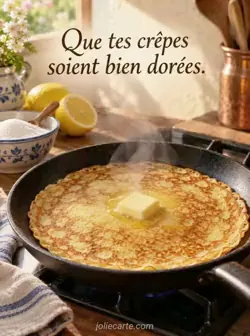 Gros plan sur une crêpe dorée dans une poêle noire, avec du beurre fondant au centre et de la vapeur, près d'un bol de sucre et d'un demi-citron. Texte : « Que tes crêpes soient bien dorées. »