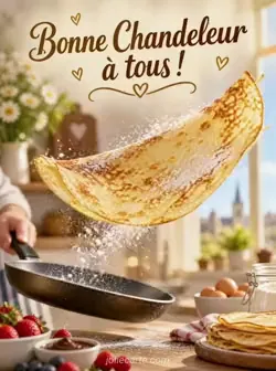 Grande crêpe dorée volant vers le premier plan, suivie d'une traînée de sucre glace dans une lumière chaude. Texte : « Bonne Chandeleur à tous ! »
