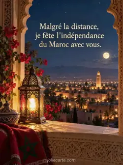 Lanterne à la flamme dorée sur un rebord de fenêtre sculpté, face aux lumières d'une ville dans la nuit. Texte : « Malgré la distance, je fête l'indépendance du Maroc avec vous. »