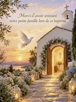 Chapelle blanche à la porte en bois ouverte, d’où rayonne une lumière dorée sur un chemin de pierre bordé de fleurs sauvages. Une colombe vole vers l’entrée dans la lumière du soir.