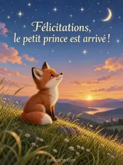 Petit renard assis sur une colline herbeuse, regardant les premières étoiles dans un ciel du soir aux teintes douces. Texte : « Félicitations, le petit prince est arrivé ! »
