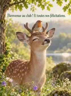 Jeune cerf aux petits bois veloutés à la lisière ensoleillée d'une forêt. Un rouge-gorge se pose sur sa tête entre ses bois, tandis que le cerf ferme paisiblement les yeux.