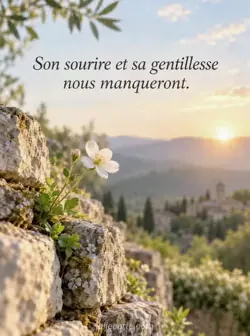 Une petite fleur sauvage blanche pousse dans un vieux mur de pierre baigné d'une lumière matinale chaleureuse. Texte : « Son sourire et sa gentillesse nous manqueront. »