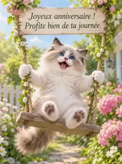 Un chaton ragdoll tient les cordes d'une balançoire en bois dans un jardin fleuri. Texte : « Joyeux anniversaire ! Profite bien de ta journée. ».