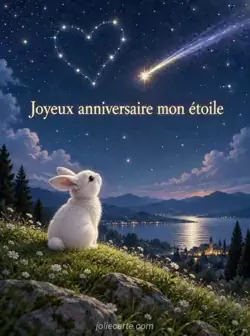 Un lapin blanc sur une colline regarde une étoile filante dans un ciel bleu nuit, avec une constellation en cœur. Texte : « Joyeux anniversaire mon étoile ».
