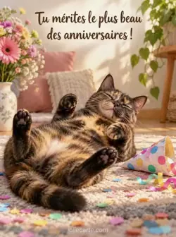 Chat écaille de tortue sur le dos sur un tapis au soleil, les quatre pattes détendues en l'air, près d'un chapeau de fête froissé et de confettis. Texte : « Tu mérites le plus beau des anniversaires ! ».