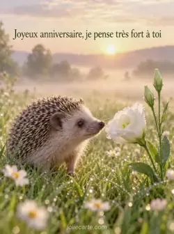 Petit hérisson dans l'herbe humide du matin, le museau tendu vers un lisianthus blanc, sous une lumière dorée et une brume légère. Texte : « Joyeux anniversaire, je pense très fort à toi ».