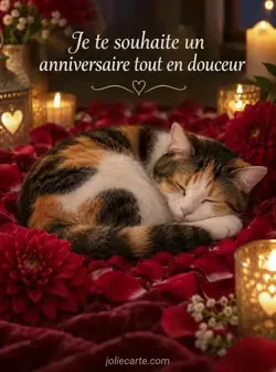 Chat tricolore roulé en boule sur un lit de pétales de dahlias rouges, à la lumière chaude de bougies dans une ambiance nocturne intime. Texte : « Je te souhaite un anniversaire tout en douceur ».