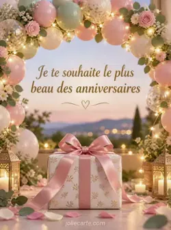 Une arche de ballons pastel ornée d'une guirlande lumineuse surplombe un cadeau emballé avec un nœud de satin, dans une ambiance chaleureuse. Texte : « Je te souhaite le plus beau des anniversaires ».