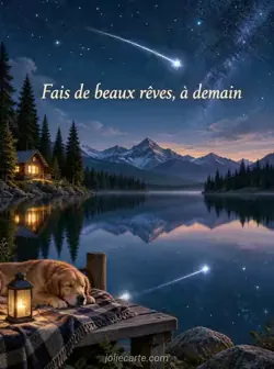 Une étoile filante brillante traverse un ciel bleu nuit au-dessus d'un lac calme entouré de pins. Son reflet glisse sur l'eau. Texte : « Fais de beaux rêves, à demain ».
