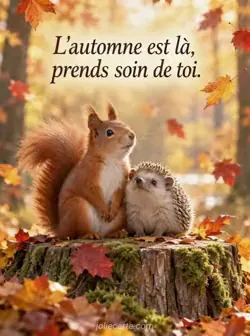 Un écureuil roux et un petit hérisson sont assis sur une souche dans une forêt dorée, entourés de feuilles qui tombent. La queue de l'écureuil se courbe derrière le hérisson. Texte : « L'automne est là, prends soin de toi. »