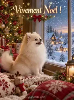 Spitz nain couleur crème assis devant une grande fenêtre givrée, remuant la queue en regardant les flocons dehors. Un sapin illuminé brille derrière lui. Texte : « Vivement Noël ! ».