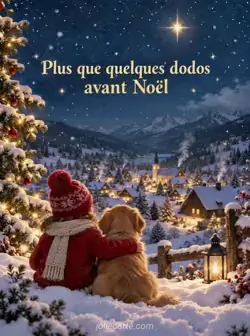Village enneigé vu depuis une colline, avec de petites maisons en bois aux fenêtres éclairées et des cheminées fumantes. Des flocons tombent sous un ciel bleu nuit où brille une étoile. Texte : « Plus que quelques dodos avant Noël ».