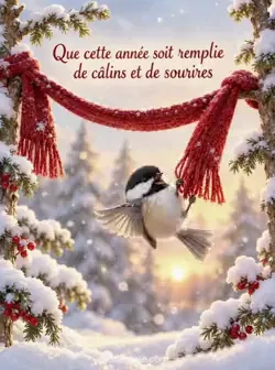 Petite mésange se balançant au bout à franges d'une longue écharpe rouge tendue entre deux arbres enneigés, sous les flocons. Texte : « Que cette année soit remplie de câlins et de sourires ».
