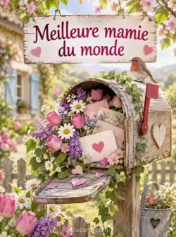 Boîte aux lettres de jardin en bois rustique débordant de fleurs colorées et de petits cœurs en papier, avec des pétales sur les bords dans une lumière matinale pastel. Texte : « Meilleure mamie du monde ».