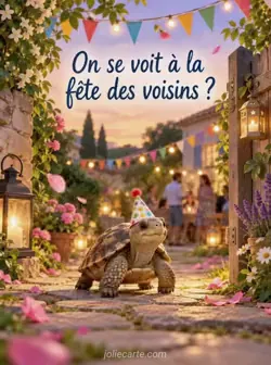 Petite tortue portant un chapeau de fête en papier sur une allée de jardin, entre lanternes allumées et guirlandes de fanions, dans la lumière du soir. Texte : « On se voit à la fête des voisins ? »