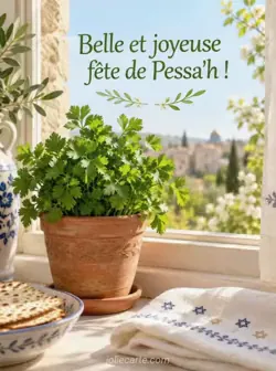 Pot en terre cuite contenant du persil frais sur le rebord ensoleillé d'une fenêtre, près d'un linge blanc brodé de petites étoiles. Texte : « Belle et joyeuse fête de Pessa'h ! »