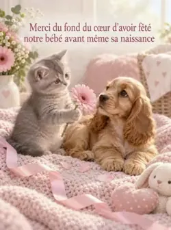 Chaton gris offrant un gerbera rose pâle à un chiot cocker anglais sur une couverture pastel, avec des pétales et un ruban de satin. Texte : « Merci du fond du cœur d'avoir fêté notre bébé avant même sa naissance ».