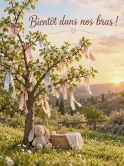 Jeune arbre fleuri aux branches ornées de rubans de satin pastel flottant dans la brise, avec de petites fleurs blanches à son pied dans une lumière dorée. Texte : « Bientôt dans nos bras ! ».