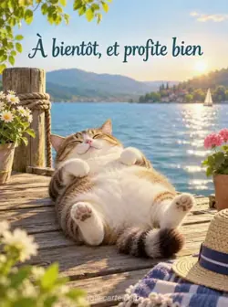 Chat rond allongé sur le dos sur un ponton en bois au soleil, yeux fermés et pattes en l'air, au-dessus d'un lac aux reflets scintillants. Texte : « À bientôt, et profite bien ».
