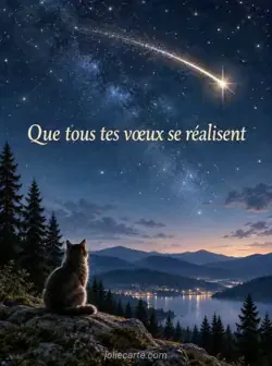 Étoile filante brillante dans un ciel bleu nuit rempli d’étoiles, au-dessus de silhouettes de collines et de pins. Texte : « Que tous tes vœux se réalisent ».
