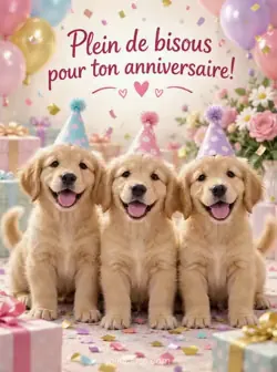 Trois chiots dorés au pelage duveteux, assis côte à côte avec des chapeaux de fête pastel, sous des confettis. Texte : « Plein de bisous pour ton anniversaire! ».