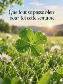 Gros plan sur un trèfle à quatre feuilles dans l'herbe verte, avec de la rosée scintillant dans la lumière du matin. Texte : « Que tout se passe bien pour toi cette semaine. ».