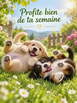 Deux chiots tout ronds se roulent ensemble dans l'herbe au soleil, le ventre découvert et les pattes en l'air. Texte : « Profite bien de ta semaine ».