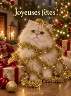 Chat persan crème emmêlé dans une guirlande dorée, dont une boucle repose sur son oreille, assis sur un sol en bois près d'un cadeau emballé. Il regarde droit devant lui avec un air innocent ; la guirlande scintille et une oreille frémit. Texte : « Joyeuses fêtes ! »