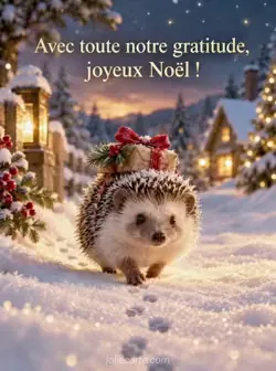 Petit hérisson portant un cadeau emballé sur le dos, avançant vers nous dans une neige scintillante et laissant de petites empreintes, sous la lumière du soir. Texte : « Avec toute notre gratitude, joyeux Noël ! »