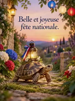 Une petite tortue traverse une allée de jardin moussue au crépuscule, une lanterne lumineuse sur sa carapace. Texte : « Belle et joyeuse fête nationale. »