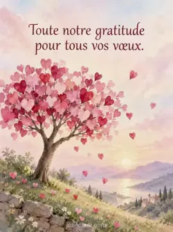 Petit arbre aux feuilles roses et rouges en forme de cœur, avec quelques cœurs qui tombent sur un fond pastel onirique, dans un style aquarelle délicat. Texte : « Toute notre gratitude pour tous vos vœux. »