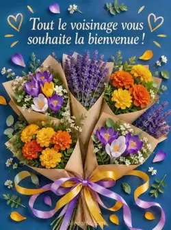 Vue de dessus de petits bouquets de lavande, de soucis et de crocus, emballés séparément dans du papier et réunis en éventail sur fond bleu profond. Texte : « Tout le voisinage vous souhaite la bienvenue ! »