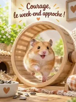 Hamster doré courant dans une roue, les oreilles dressées, près de graines de tournesol dans un coin ensoleillé. Texte : « Courage, le week-end approche ! ».