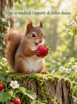 Un écureuil tient une fraise rouge sur une souche couverte de mousse, dans la lumière filtrée de la forêt. Texte : « Que ce vendredi t'apporte de belles choses ».