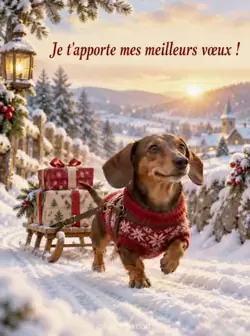 Un petit teckel tire un traîneau en bois portant deux cadeaux emballés sur un chemin enneigé. Des flocons tombent et une lumière dorée brille au loin. Texte : « Je t'apporte mes meilleurs vœux ! »