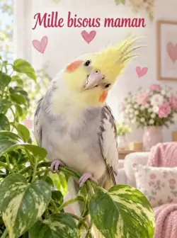 Calopsitte à huppe jaune perchée sur une plante d'intérieur, la tête penchée et les plumes gonflées, dans un décor pastel. Texte : « Mille bisous maman ».