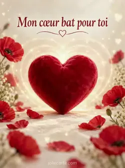 Cœur rouge en velours au centre d'un fond crème, entouré d'anneaux de lumière évoquant une pulsation, avec quelques pétales de coquelicot en dessous. Texte : « Mon cœur bat pour toi ».