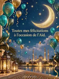 Ballons dorés et turquoise avec des rubans dans un ciel bleu nuit, parmi des confettis dorés et des étoiles, devant un croissant de lune lumineux. Texte : « Toutes mes félicitations à l'occasion de l'Aïd. »