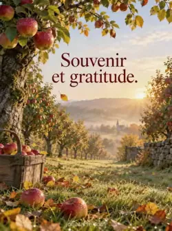 Rangées de vieux pommiers portant leurs dernières pommes rouges et dorées dans la lumière du matin. Des fruits couverts de rosée reposent dans l'herbe et quelques feuilles tombent. Texte : « Souvenir et gratitude. »