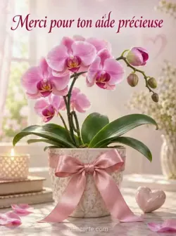 Orchidée rose en fleurs dans un pot en céramique orné d'un large nœud de satin, avec un dernier bouton qui s'ouvre sous une lumière délicate. Texte : « Merci pour ton aide précieuse »