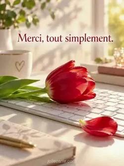 Une tulipe rouge repose sur les touches d'un clavier blanc, sur un bureau baigné de soleil. Texte : « Merci, tout simplement. »