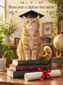 Un chat tigré roux coiffé d'une toque est assis fièrement sur une pile de livres. Un diplôme roulé, noué d'un ruban rouge, repose devant lui dans une pièce à la lumière chaude. Texte : « Bravo pour ce diplôme bien mérité ! »
