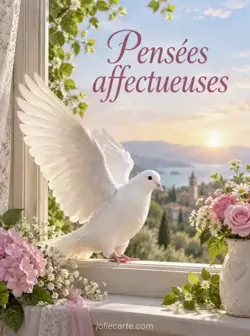Colombe blanche se posant sur un rebord de fenêtre ensoleillé, les ailes se repliant dans la lumière du matin, devant un ciel pastel. Texte : « Pensées affectueuses ».